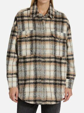 Good American Women's Beige Plaid Oversized Wool Blend Shacket Size 00/0 (XS)